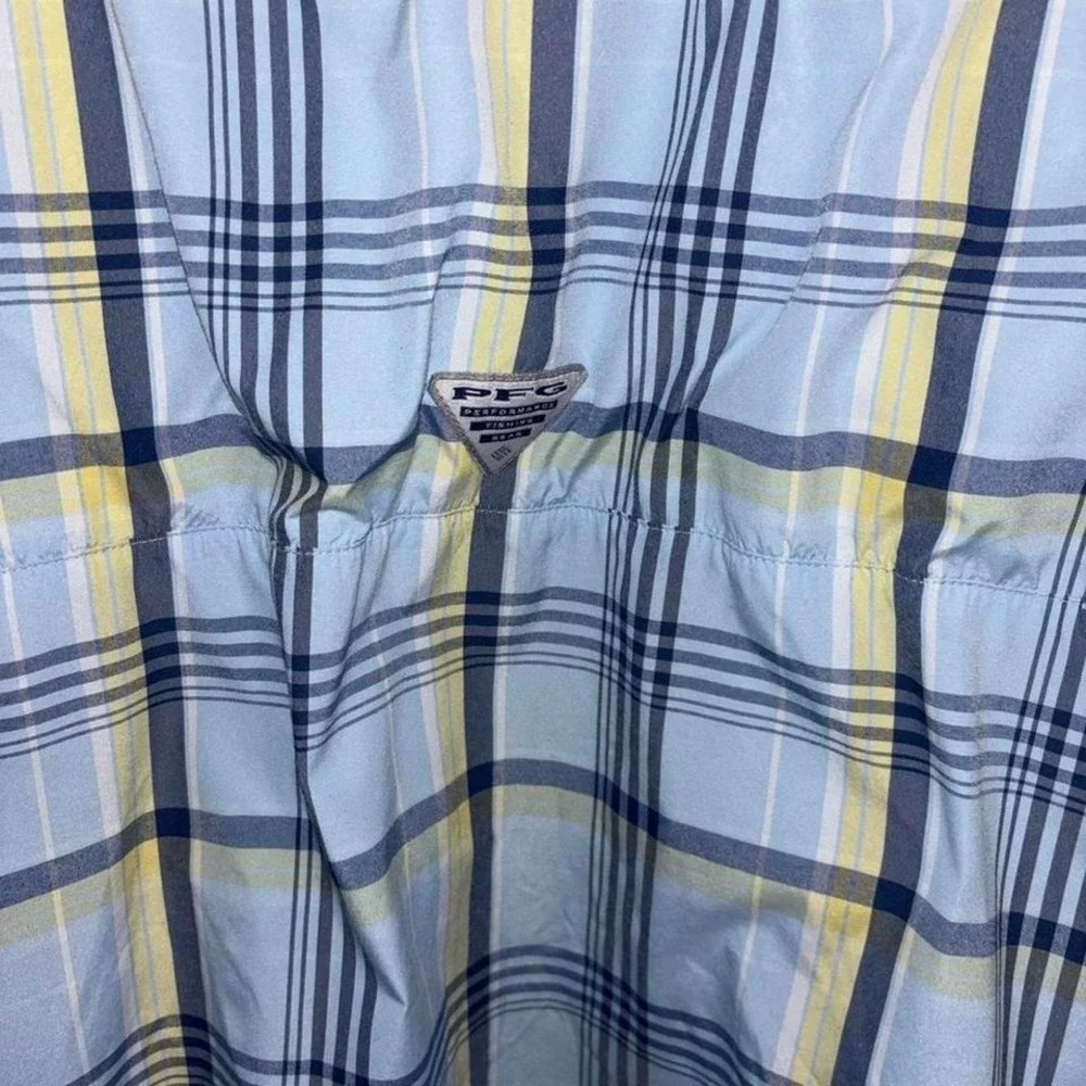 Columbia PFG Mens Large Plaid Long Sleeve Fishing Shirt Blue Yellow Button Down - Picture 2 of 6